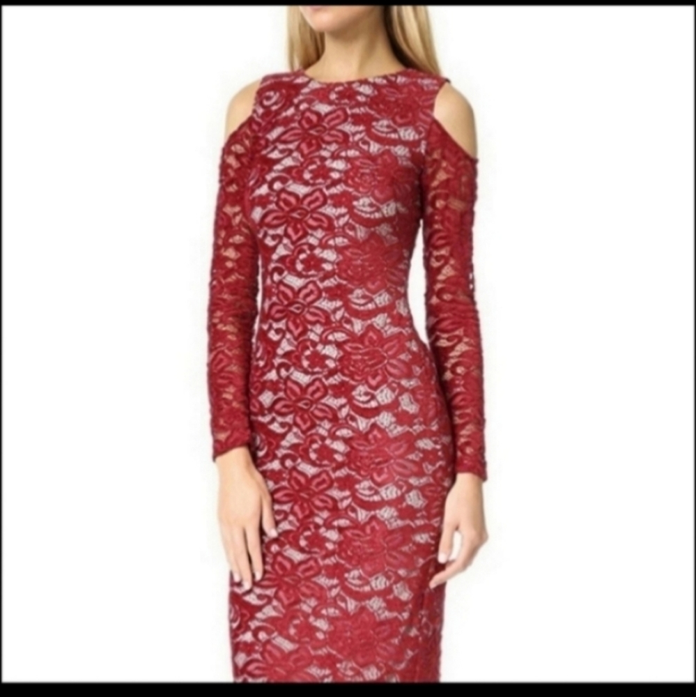 Alice + Olivia Laila Sheath Dress in Bordeaux Red Lace Overlay Cold Shoulder